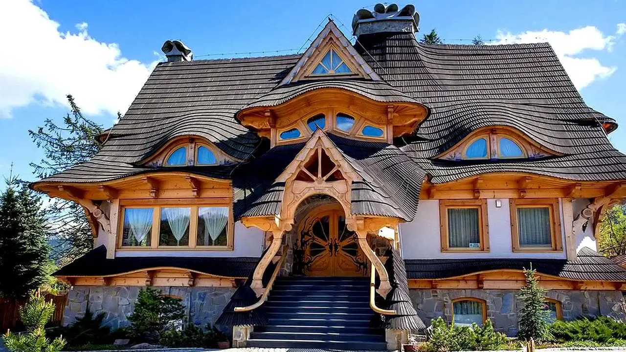 Деревянный дом с необычной крышей фото